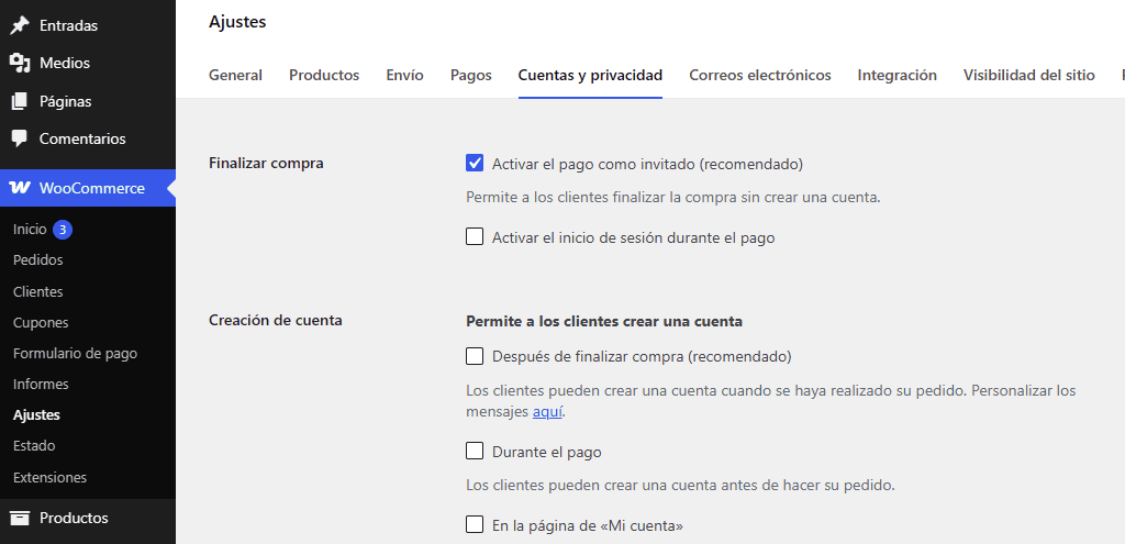 Activar la compra como invitado desde el panel de administración de WooCommerce