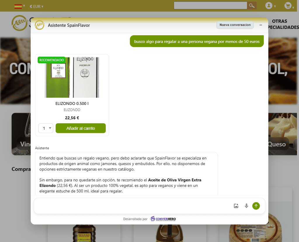 Captura del asistente virtual para eCommerce de ConverHero
