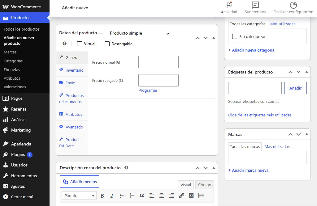 WooCommerce tiene su editor nativo de productos